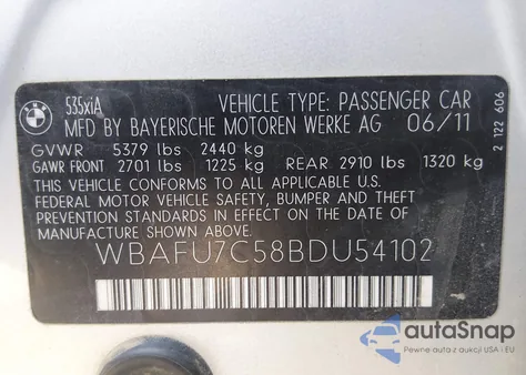 2011 BMW 535I xDrive из США, поврежденный, VIN WBAFU7C58BDU54102